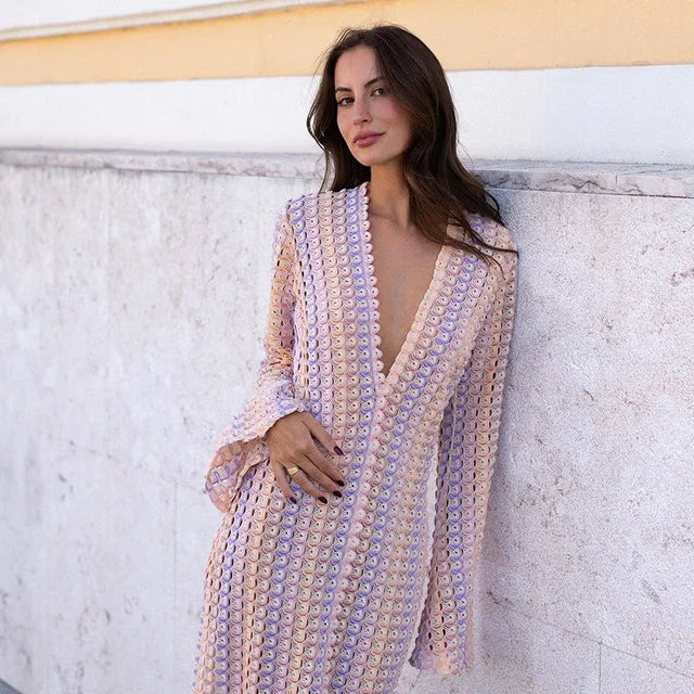 Striped Crocheted Flared Dress - Fern and Oak