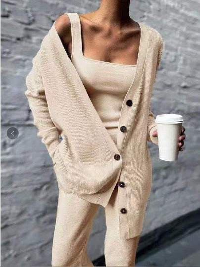 Cream Off White 3 piece lounge wear set with cardigan sweater