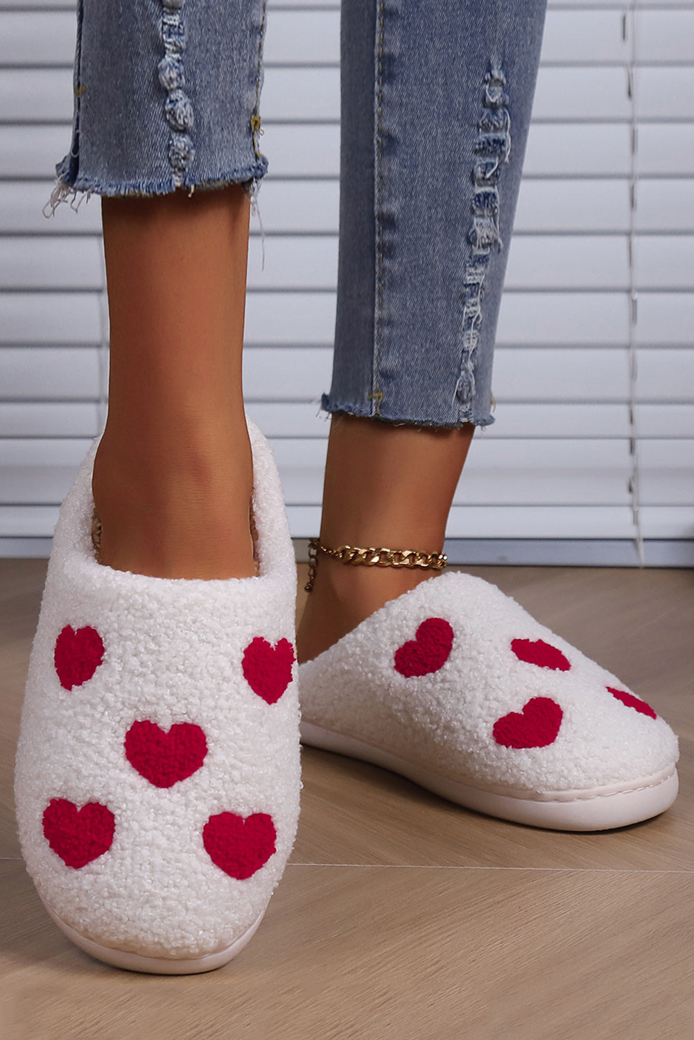 White Hearts Print Plush House Slippers - Fern and Oak