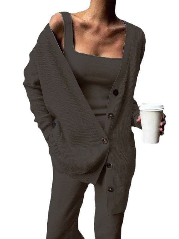 Dark Brown 3 piece lounge wear set with cardigan sweater