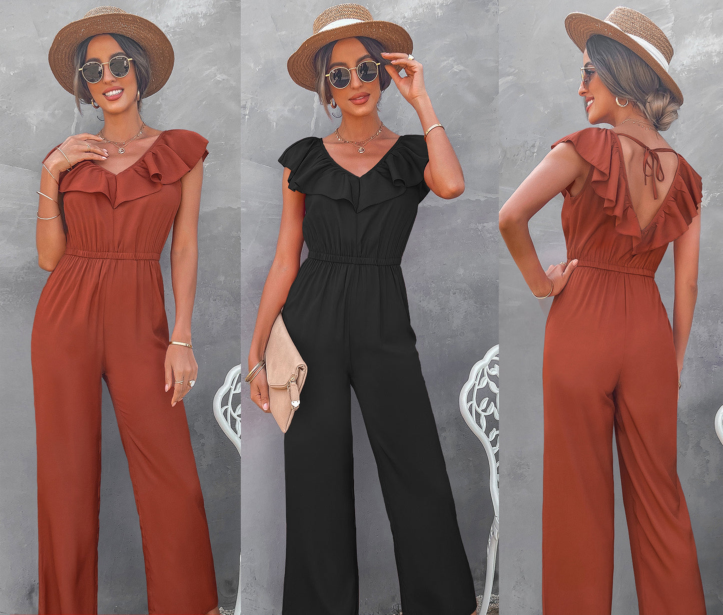 Ruffled V-Neck Jumpsuit - Fern and Oak