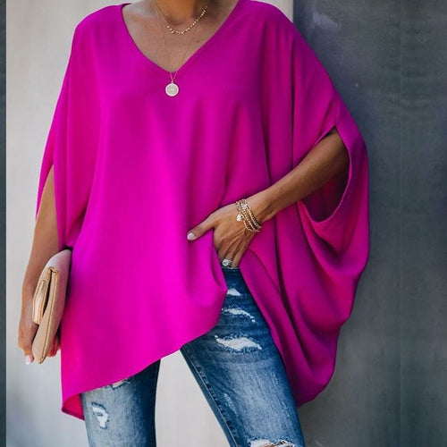 Pink Women's Loose Bat Sleeve V Neck Shirt - Fern and Oak