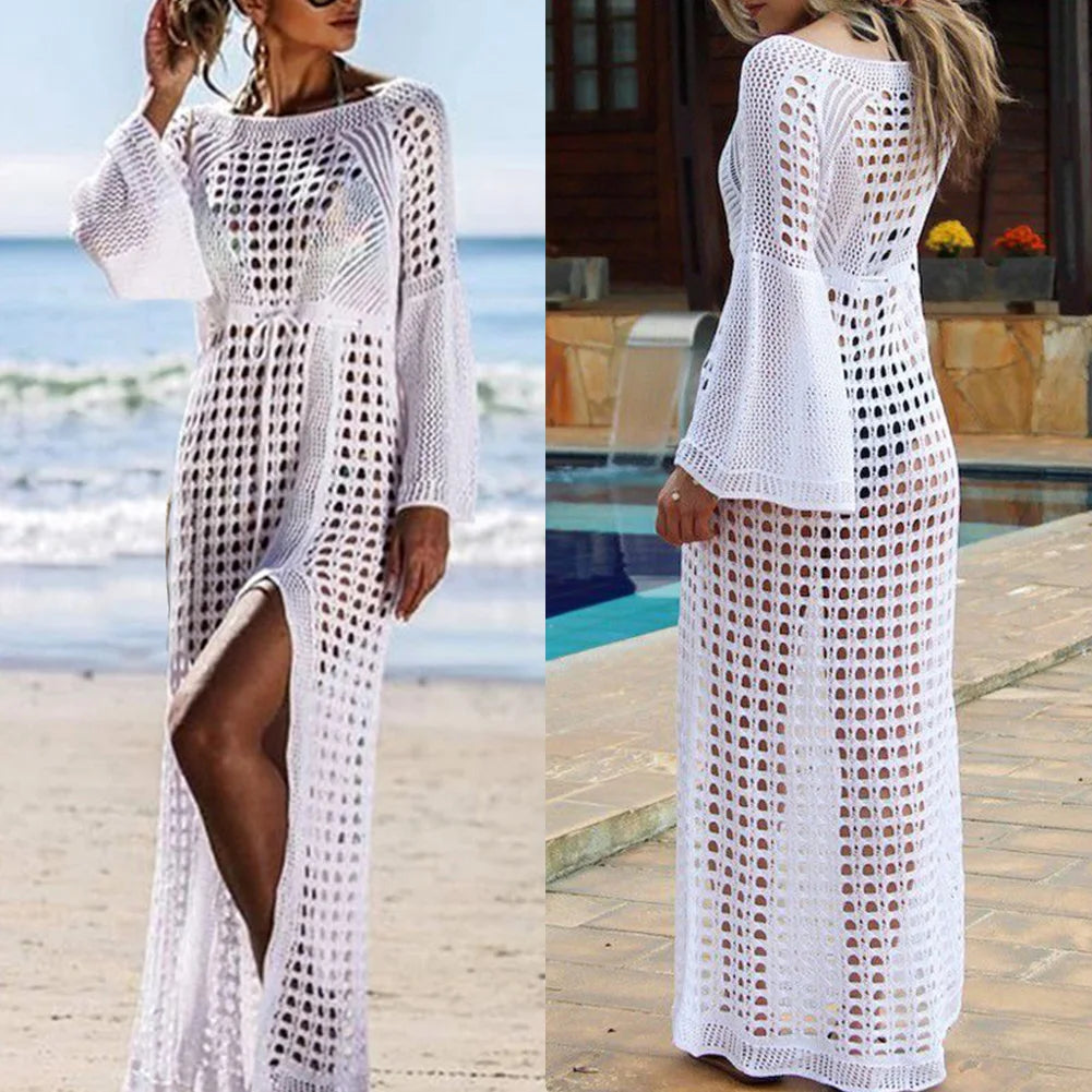 Crocheted Long Sleeved Tunic Beach Cover-Up Summer