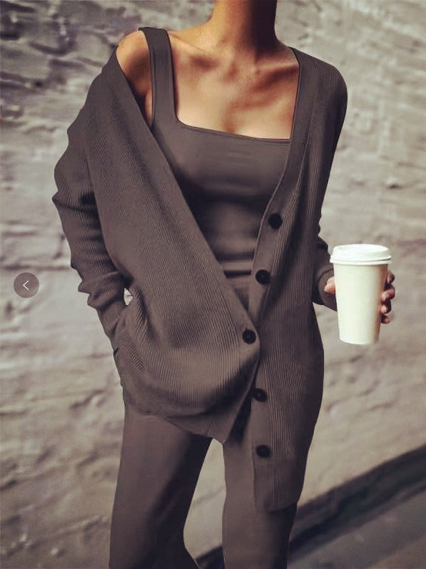 Dark Brown 3 piece lounge wear set with cardigan sweater