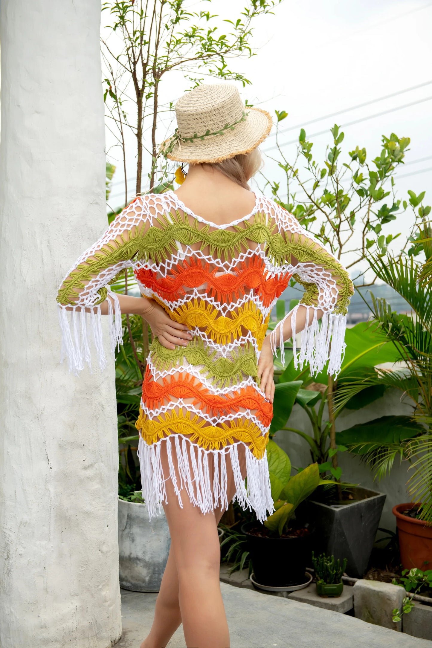 Striped Fringed Crochet Dress Beach Cover-Up - Fern and Oak