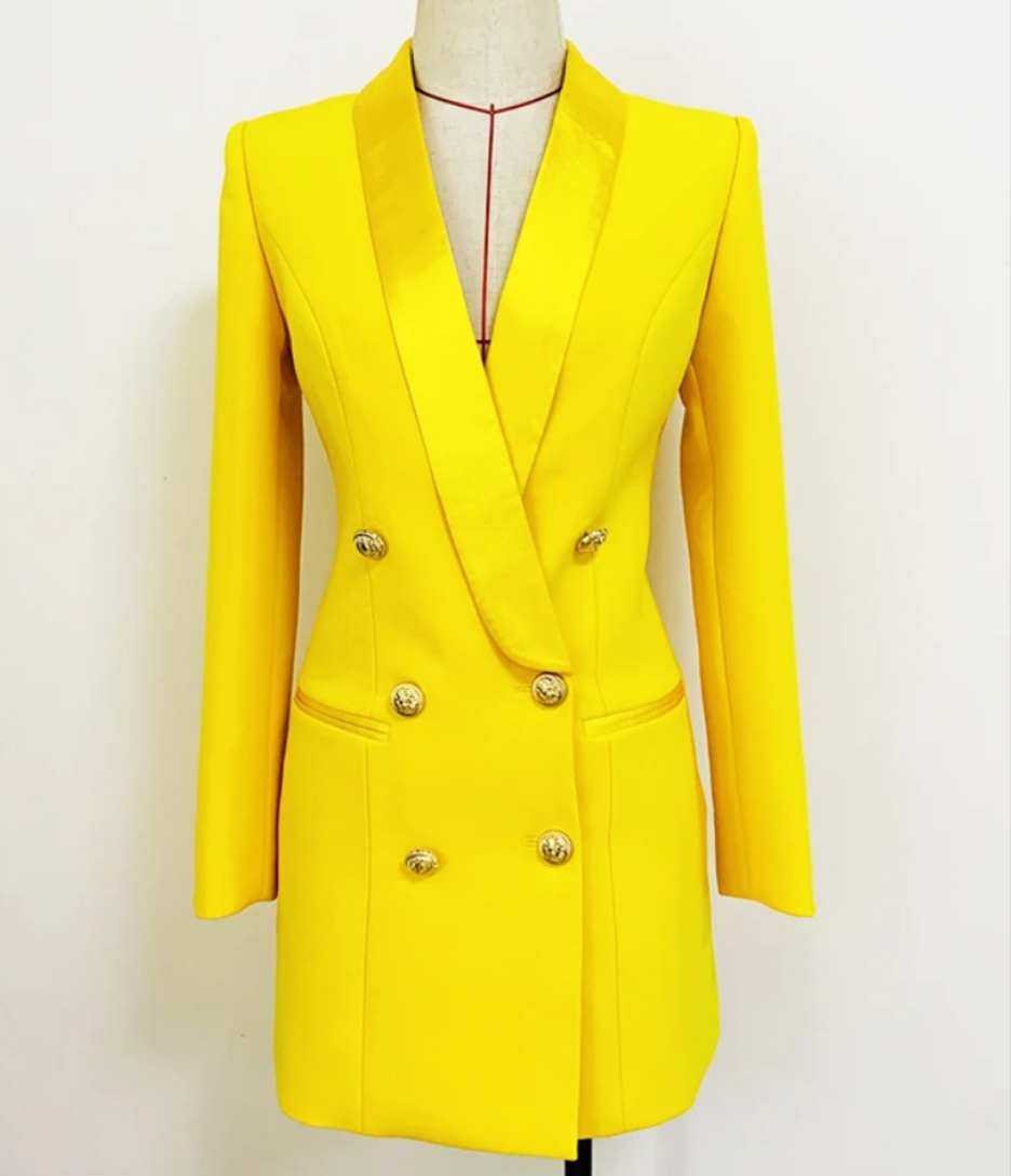 Long Double Breasted Blazer Dress: Fluorescent Yellow