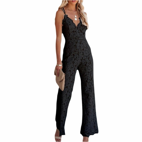 Black Solid Embroidered Lace Wide Leg Jumpsuit - Fern and Oak