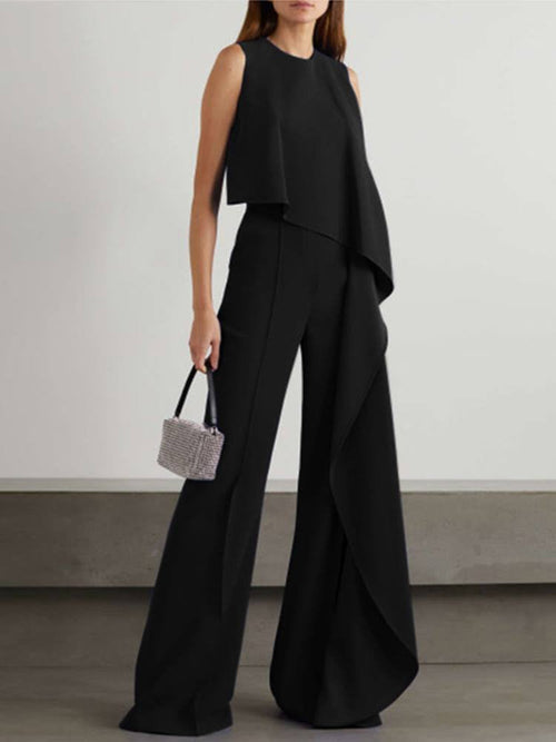 Black V-neck High Waisted Wide-leg Jumpsuit - Fern and Oak