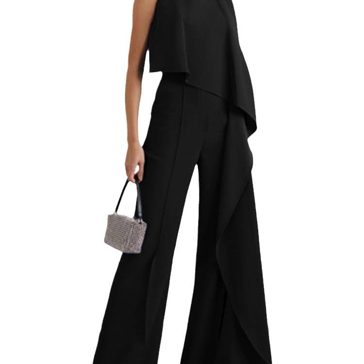 Black V-neck High Waisted Wide-leg Jumpsuit - Fern and Oak