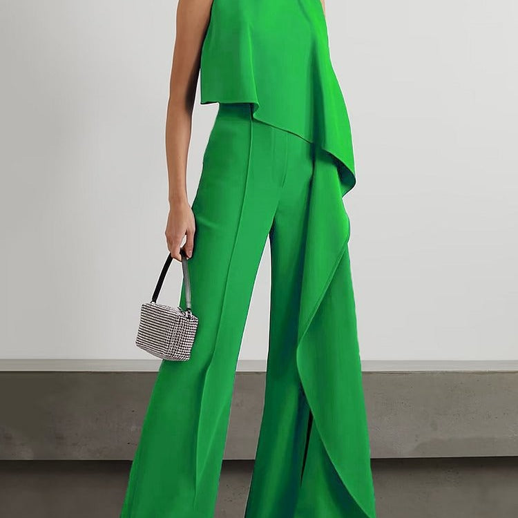 Green V-neck High Waisted Wide-leg Jumpsuit - Fern and Oak