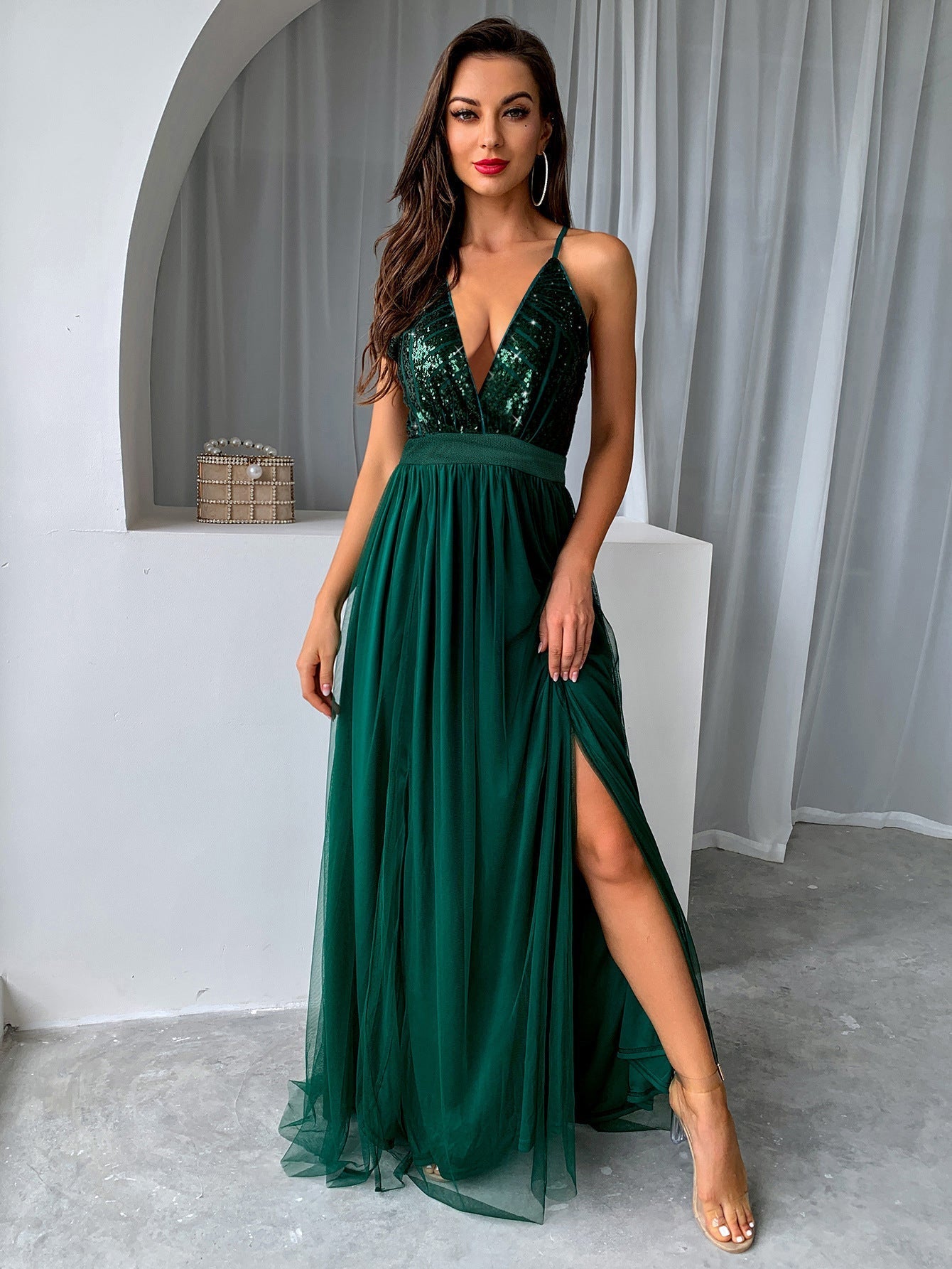 Green Empire Waist High Split Swing Dress - Fern and Oak