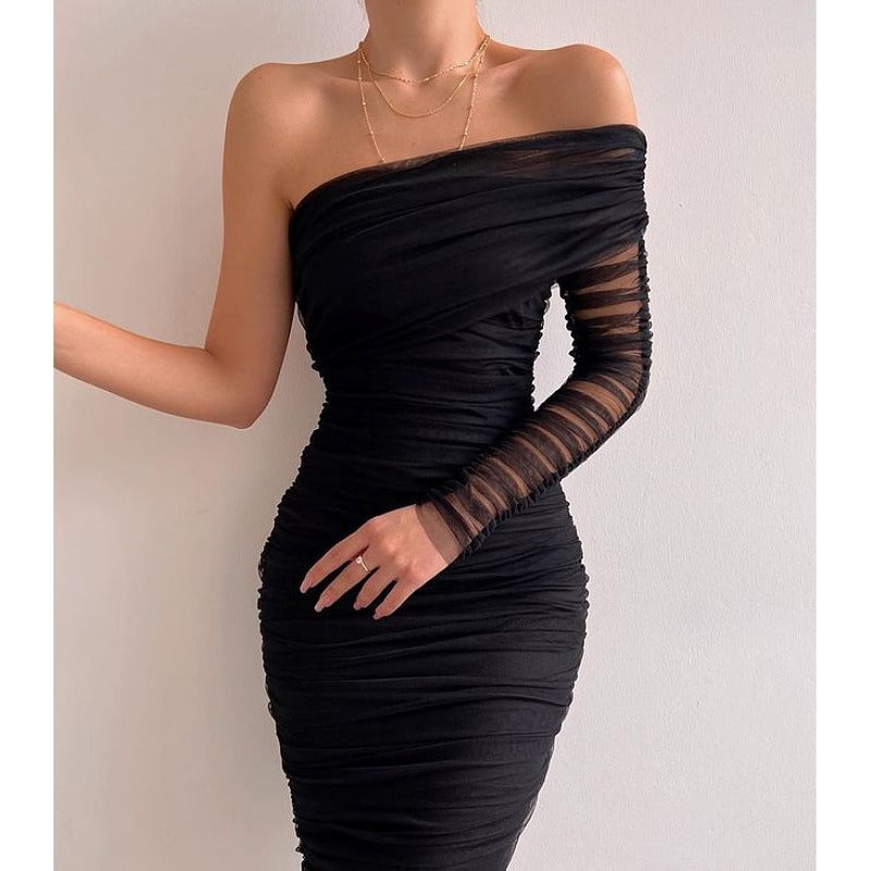 Mesh One-Shoulder Backless Dress